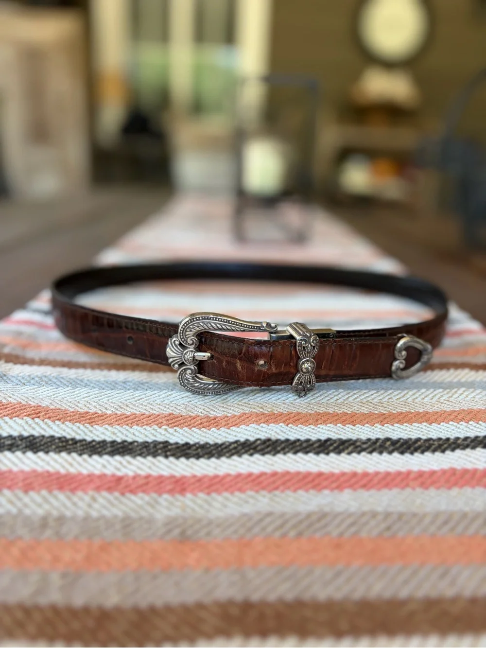 Brighton Brown & Black Alligator Embossed Leather Reversible Silver Buckle ML 32